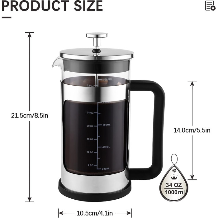 French Press WedRink: Френч-прес з нержавіючої сталі 1л для кави та чаю, з боросилікатного скла
