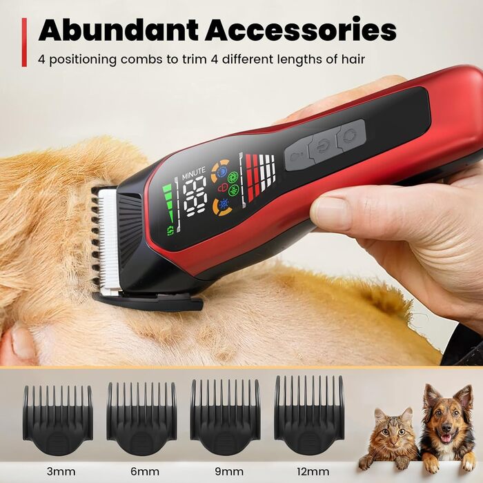 Електрична машинка для стрижки собак з густим/важким хутром, 2 швидкості, LED, акумуляторна, для собак та котів, з блокуванням, Стандартний набір