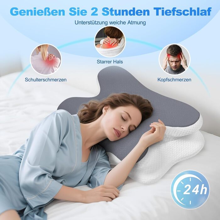 Ортопедична подушка для сну з Memory Foam - для шиї, спини та сну на боці. Подушка з ефектним покриттям з льонової тканини (темно-сіра)