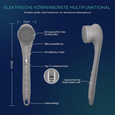 Електрична щітка для спини VOYOR BC300 (сіра): для скрабу та масажу тіла, водонепроникна, USB-зарядка