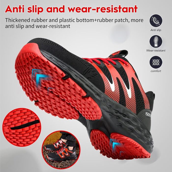 Черевики робочі ISOOUS для чоловіків та жінок, захисні черевики зі сталевим підноском, спортивні, червоні, антиковзаючі, дихаючі, 43 EU