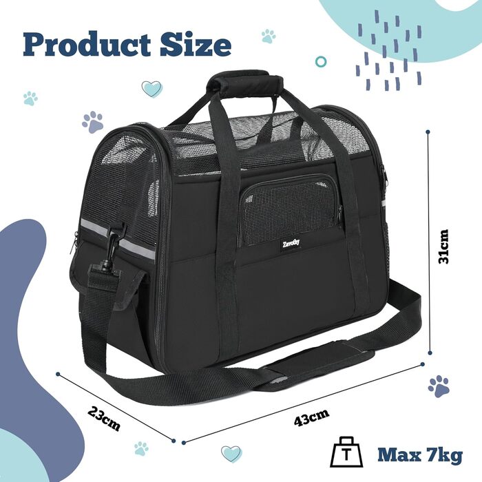 Транспортна сумка для котів та собак, дихаюча та легка, переноска для котів з регульованим плечовим ременем, знімний м'який матрац (Чорний, M)