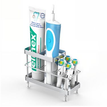 Тримач для зубних щіток Luxspire, нержавіюча сталь, електричний, настінний без свердління, з дренажними отворами для органайзера пасти, 6 відділень (матова срібляста)