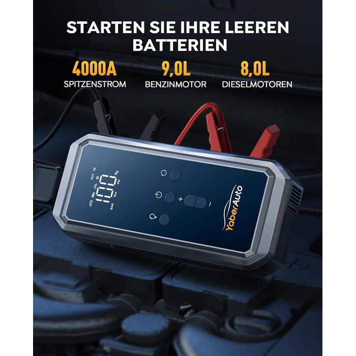 Портативний пусковий пристрій YaberAuto YA70 з компресором 150 PSI, акумулятором 21800 mAh та світлодіодним ліхтарем 300 люменів. 4-в-1: пусковий пристрій, павербанк, компресор та ліхтар з LCD екраном.