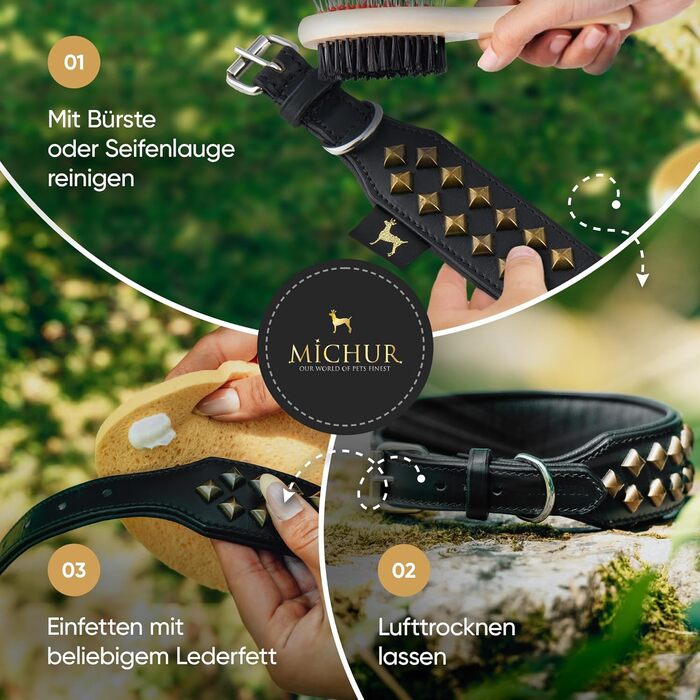 Нашийник для собак MICHUR Diego з натуральної шкіри, з декоративним левовим головою та заклепками, розмір 61-68,5 см