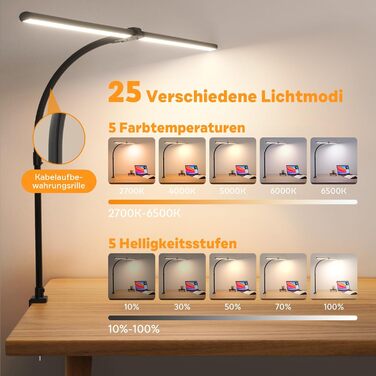 APMIEK LED Desk Lamp with Adjustable Gooseneck - 24W, 80cm, Dimmable, Eye-Protection, Clamp-On, Daylight Task Lamp for Office & Home