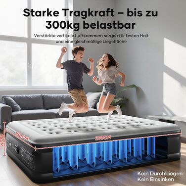 Надувний матрац OlarHike для кемпінгу та дому - 2 особи, 203x152x46 см, чорний, самонадувний