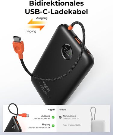 Повербанк VIYISI 10000mAh ультратонкий із вбудованим кабелем USB-C, чорний