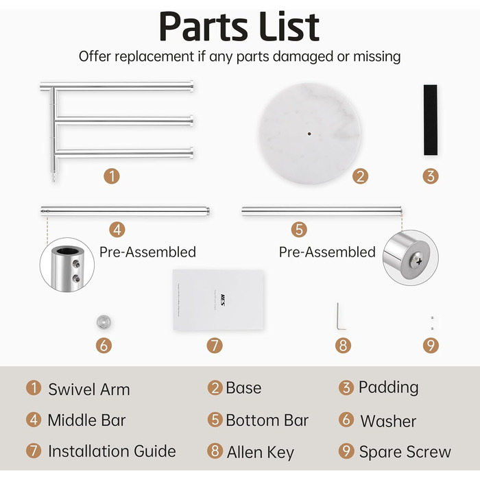 Підставка для рушників KES Gold на ніжці, з мармуровою основою, з нержавіючої сталі 18/8, 3-х секційна, полірована, BTH219-BZ