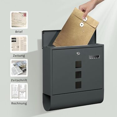 Поштовий ящик WOLTU з газетницею та оглядовим вікном, антрацит, 37x37x10.5 см. Закривається на ключ, з табличкою для імені.