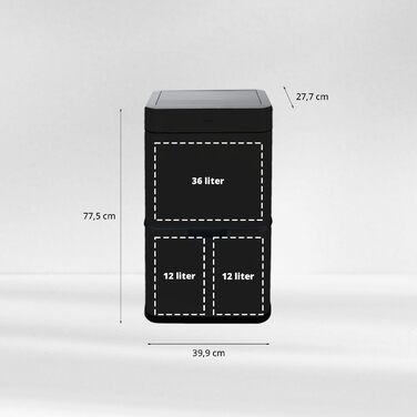 Сортувальний відро для сміття FLINQ Senzaro Sensor 3 відділення (2x12л + 36л) 60л - Автоматичне, Нержавіюча сталь, Чорний