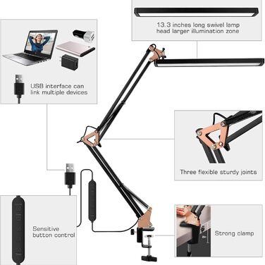 SKYLEO Dimmable Desk Lamp with Clip - Eye Protection LED Desk Light - 3 Modes & 10 Brightness Levels - Black (Rose Gold & Black)