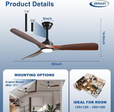 Depuley Стеляний вентилятор з підсвічуванням для вулиці: LED лампа з вентилятором для саду, тераси - 132 см, з підсвічуванням та APP для вітальні, ресторану, офісу, коричневий, 52''