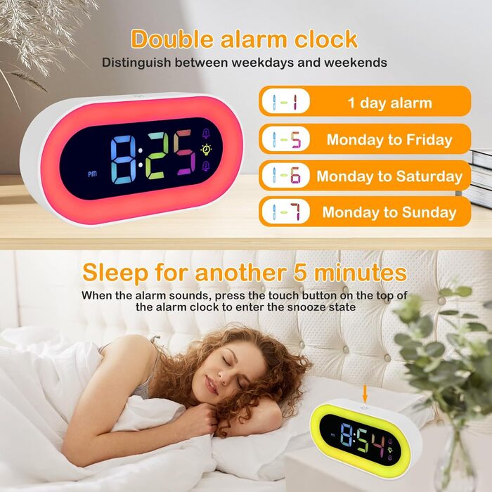 Digital Alarm Clock for Kids, Alarm Clock with Night Light for Girls Boys Teenagers Dual Alarms 18 Ring Tones Snooze Modes 12/24 Hour Format 5 Volume Adjustments