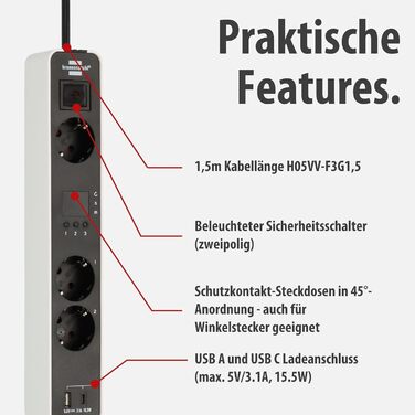 Смуга розеток Brennenstuhl Ecolor 4-fach з USB (білий/чорний) з вимикачем, 1.5м кабель, 3 розетки, 2 USB-порти (A+C)
