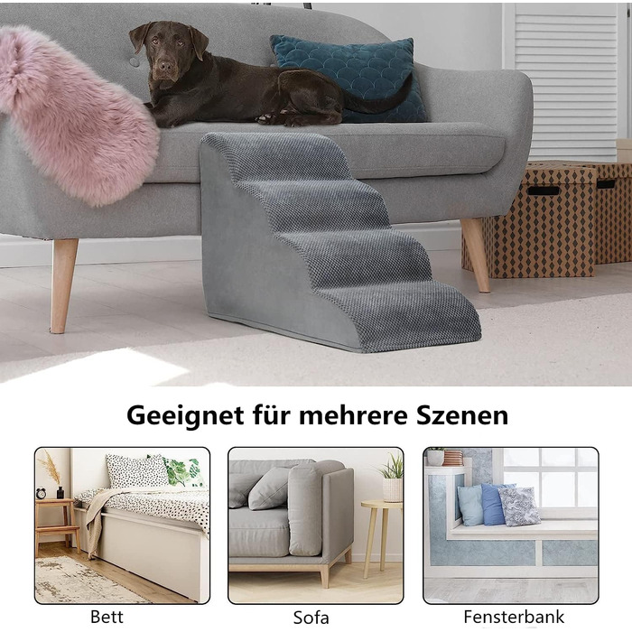 LIANTRAL Dog Stairs, 3 Steps Dog Staircase for Bed and Sofa, Made of High-Density Sponge, Cat Stairs Dog Ramp with Removable, Washable Cover and Pet Hair Remover Roller, 40 cm High (4 Steps Grey)