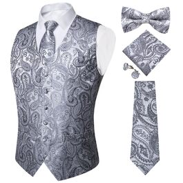 Костюмний жилет чоловічий DiBanGu для весілля з краваткою, нагрудником та запонками, сріблястий візерунок паваролочки