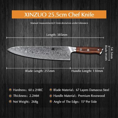XINZUO 21cm Damascus Chef's Knife - 67 Layer Multipurpose Kitchen Knife for Meat, Fish & Vegetables - Gyuto Professional Hand-Forged Knife with Ergonomic Rosewood Handle