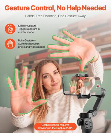 Стабілізатор для смартфона VEVOR з 3-осьовою стабілізацією, трекінг облич/об'єктів, штатив, портативний та складаний, для відеозйомки, DC 3,5–4,2V, без підсвічування, підтримка додатків