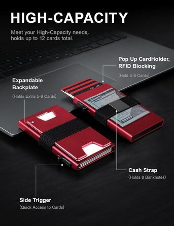 Кредитне картхолдер для чоловіків LXMY з RFID захистом, алюмінієвий, Slim, вміщує 12 карт та гроші, червоний