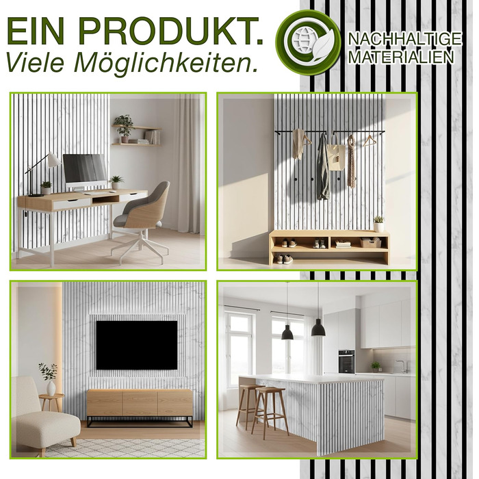 Акустичні настінні панелі TRESKO з дерева 120×60x2,1 см, 2 шт. — 3D ламельна стіна для шумоізоляції, колір Білий/Мармур, з набором для монтажу та 4 вішаками