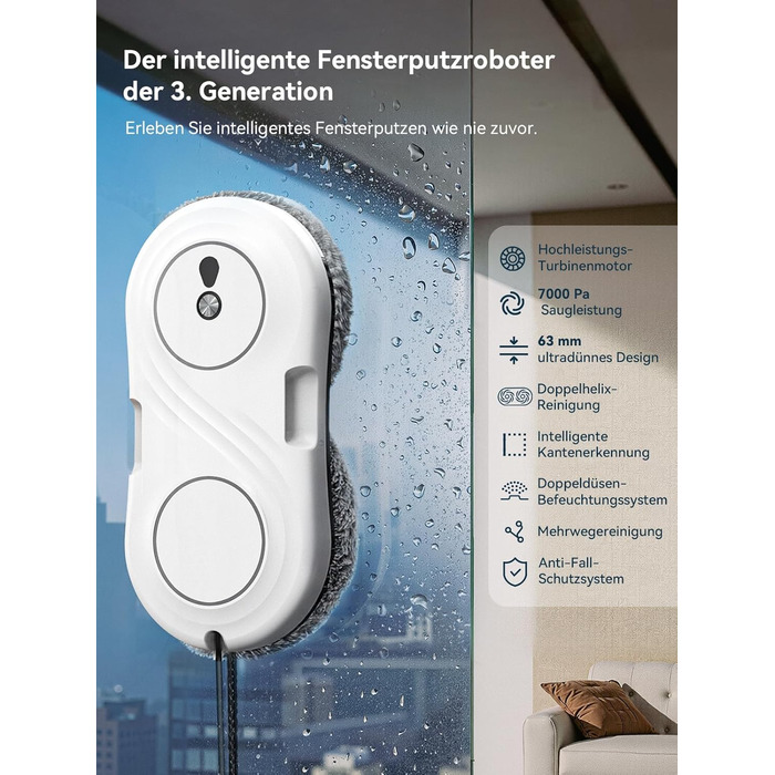 Робот для миття вікон Fensterputzroboter 2026, 6000Pa, з розпилювачем, тихий (<65дБ), безпечний, інтелектуальна навігація, 10 серветок, для вікон та плитки