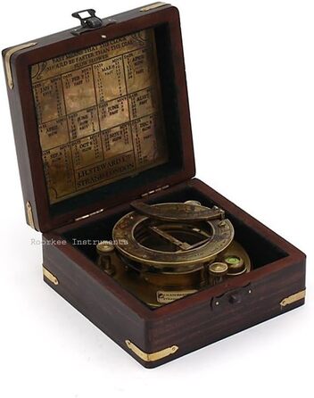 Roorkee Instruments India Best Presents for Sailors/Vintage Brass Compass with Wooden Box/J.H. Steward Directional Magnet Compass for Navigation, Sundial, Pocket Compass for Camping, Hiking, Touring