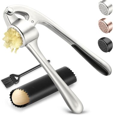 Прес для часнику з нержавіючої сталі, високоякісний, стійкий до іржі та придатний для миття в посудомийній машині, довговічний набір для подрібнення часнику з очищувачем та щіткою, матовий