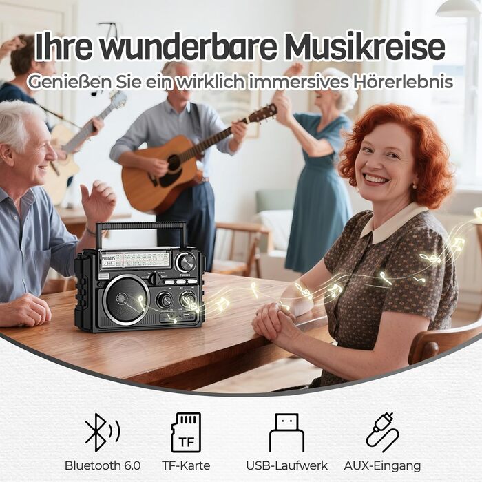 Портативне радіо PRUNUS J-02 AM/FM/SW: сонячне радіо з акумулятором 1800mAh, Bluetooth 6.0, TF-карта, USB, 2 антени