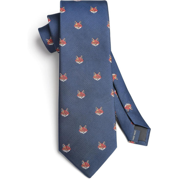 HISDERN Комплект краватки та кишенькового хустинки з принтом тварин, морське синє - лисиця, для весілля та бізнесу