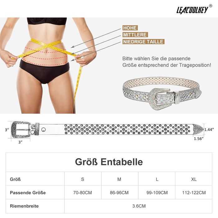 Жіночий ремінь LEACOOLKEY в стилі вестерн, з шипами та пряжкою, PU шкіра, сріблястий (L)