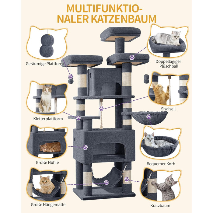 Кігтеточка для котів Hzuaneri, 176 см, XL, 3 платформи, 2 печери, 7 кігтеточних стовпів, гамак, плюшеві кульки, для багатокотових домівок, темно-сірий MS17618SG
