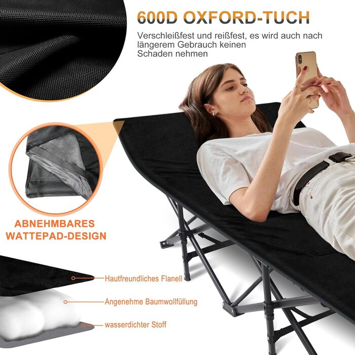 Розкладне ліжко CALIYO для кемпінгу та відпочинку на природі, 188x71x49 см, до 200 кг, з сумкою