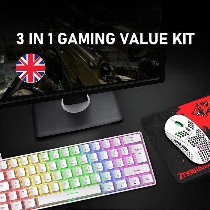 Ігрова клавіатура та миша UK-Layout з підсвічуванням RGB, 62 клавіші, механічна, 6400 DPI (чорний/червоний або білий/синій перемикач)