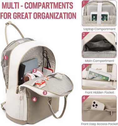 LOVEVOOK Рюкзак для жінок, 17 дюймів, рюкзак для школи, рюкзак для підліток з відділенням для ноутбука, водонепроникний рюкзак для подорожей, роботи, навчання, Khaki Beige, 17.3 дюймів