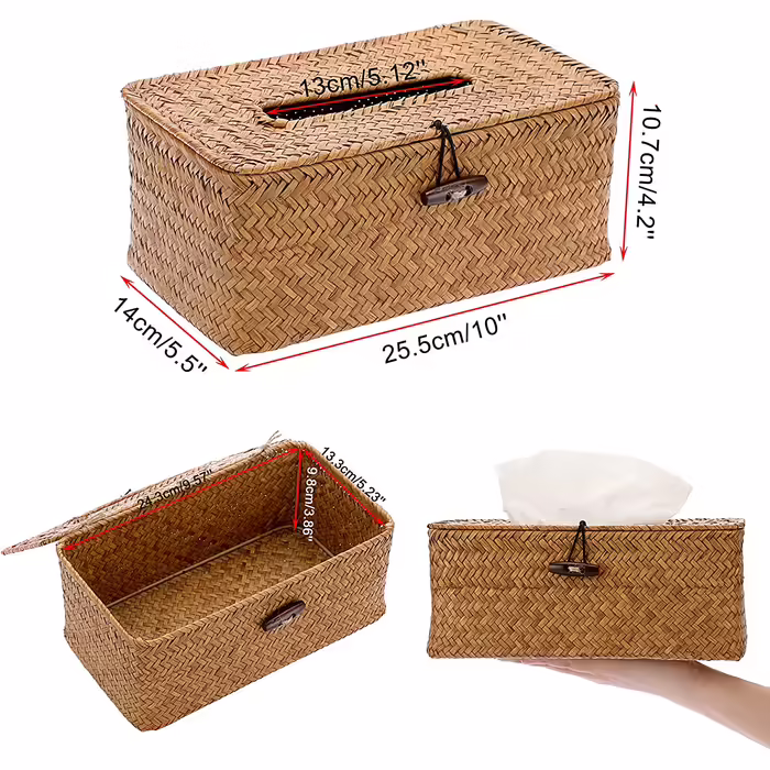 SUMNACON Rectangular Seagrass Cosmetic Tissue Box for Home Decorative Woven Paper Holder Candy Rattan Tissue Box Home Decoration for Bathroom Living Room Office Restaurant Handmade Brown