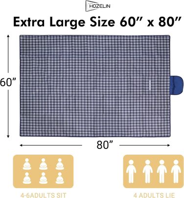 Килимок для пікніка Hozelin, водовідштовхуючий, складний, великий, пісконепроникний, 152.4 x 203.2 см (блакитний/білий)