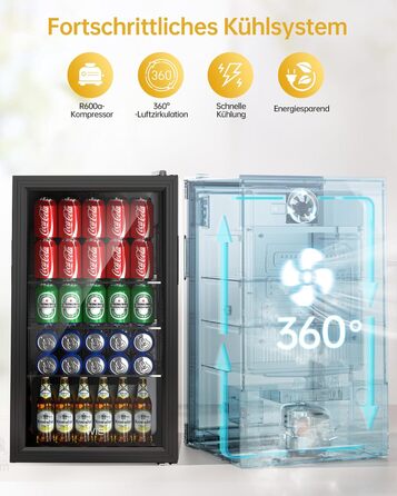 Міні-холодильник для напоїв WIE з подвійними скляними дверцятами, регульованими полицями, 86 літрів, 120 банок, для соди/пива, для дому/кухні/бару/офісу