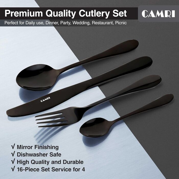 Набір столових приборів CAMRI – 16 предметів з нержавіючої сталі, столовий набір, ножі, виделки, ложки, набір для 4 осіб, придатний для миття в посудомийній машині, чорний матовий/дзеркальний дизайн