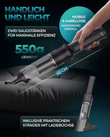Акумуляторний ручний пилосос KLAMER 140W, 16000 PA, 36 хв роботи, без мішка, для дому, офісу та авто
