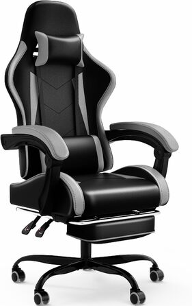 Devoko Massage Gaming Chair, Computer Office Chair with Footrest, Racing Gamer Chair 150kg Weight Capacity, 90-135° Adjustable Backrest, 360° Swivel, Gray