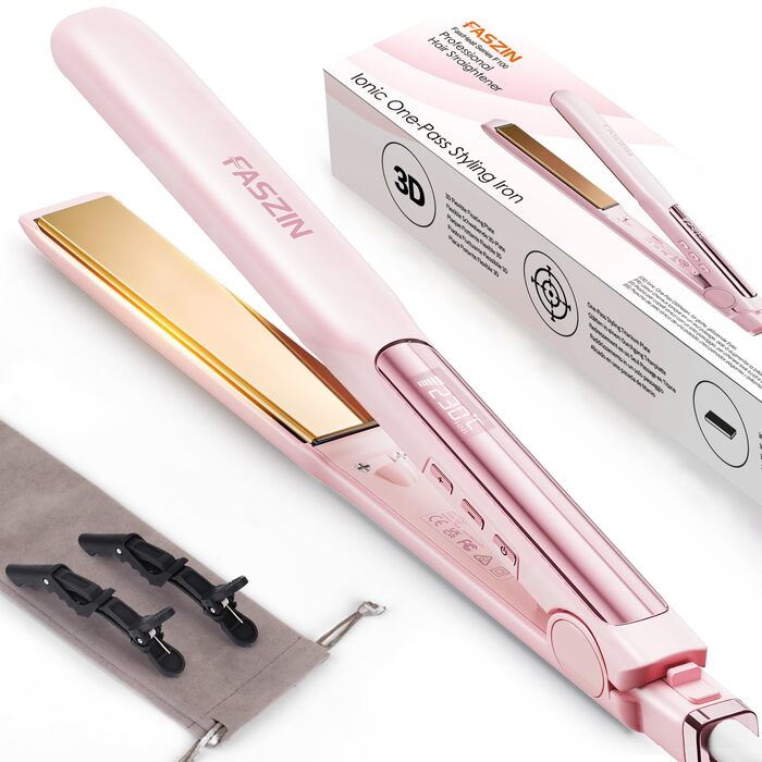 Випрямляч для волосся з титановими пластинами, іонізація, швидкий нагрів 20s, LCD-дисплей, універсальна напруга, 2-в-1 (локен/випрямляч), рожевий