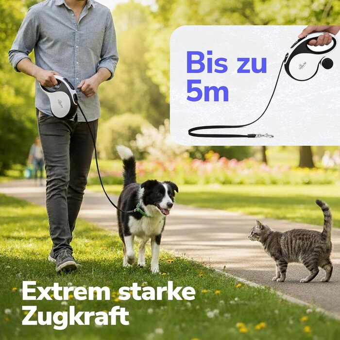 Рулетка для собак 5 м з тримачем для відходів – витяжна повідка для собак будь-якого розміру – повідка з нейлоновою стрічкою 360°, антиковзним руків'ям та кнопкою швидкого гальмування – повідка для собак до 30 кг