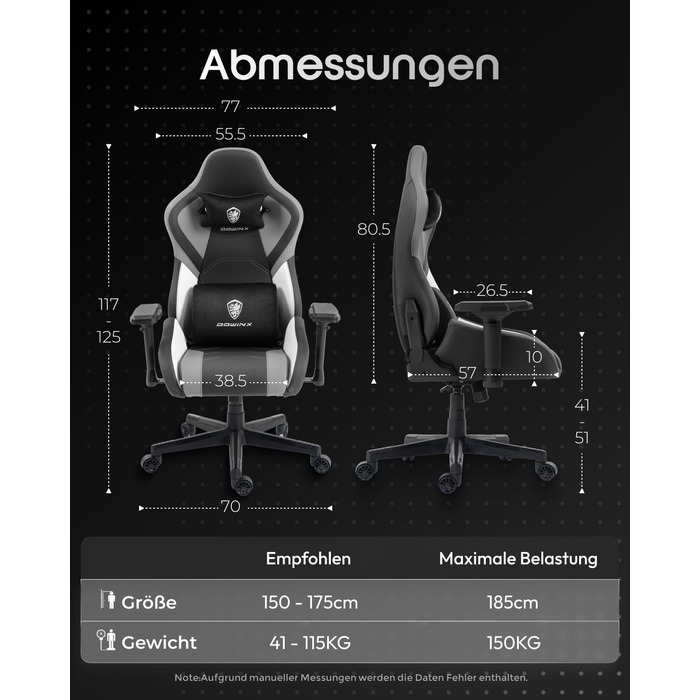 Ігровий крісло Dowinx з 4D підлокітниками, функцією гойдання 15° та регулюванням спинки до 165°, масажний, ергономічний, дизайн у стилі гоночного авто, для геймерів, Esport, вантажопідйомність 135 кг, сірий