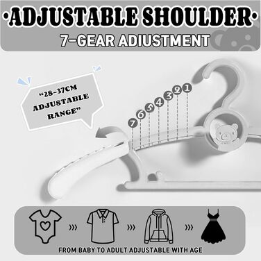 Вішалки для дитячого одягу HGYZE, 20 шт., 29-37 см, з підвішуванням для штанів, пластикові, стакові, регульовані, сірі та білі
