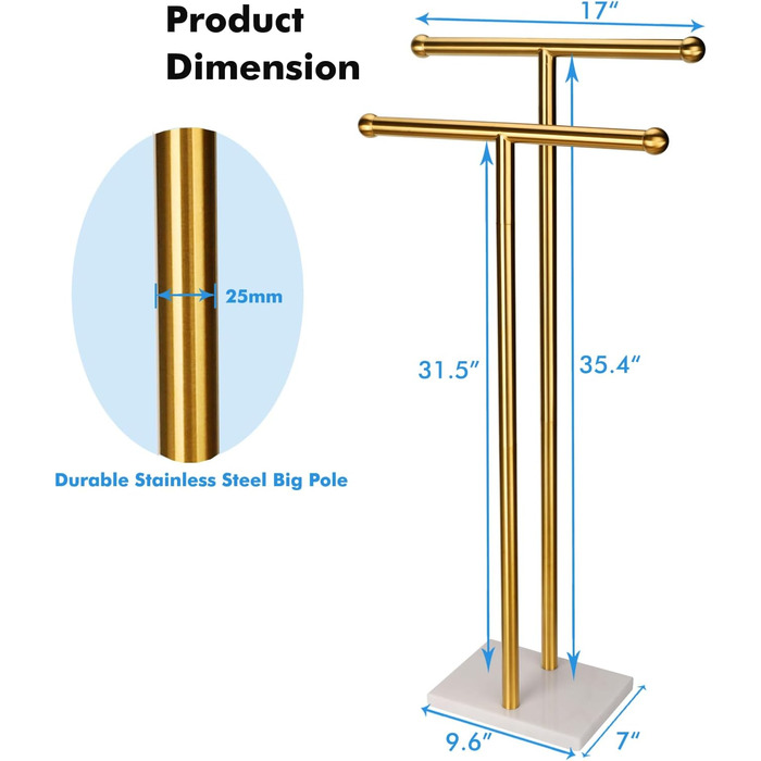 Підставка для рушників стояча, подвійна T-подібна, з основою з мармуровим дизайном, для ванної кімнати, 2-ярусна, з нержавіючої сталі (золоте покриття)