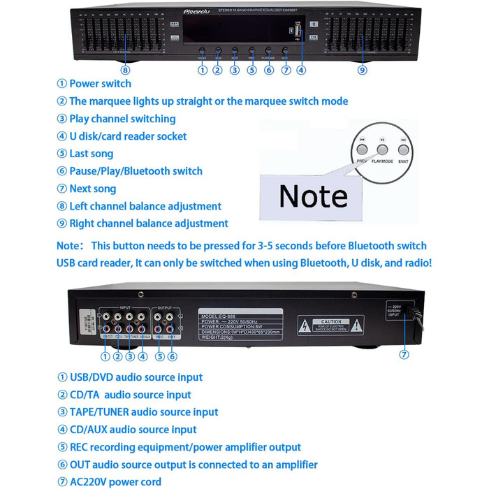 HIFI цифровий стерео еквалайзер Toplionace EQ898, 220В, USB, Bluetooth, двоканальний, 10-смуговий, чорний, для дому та сцени
