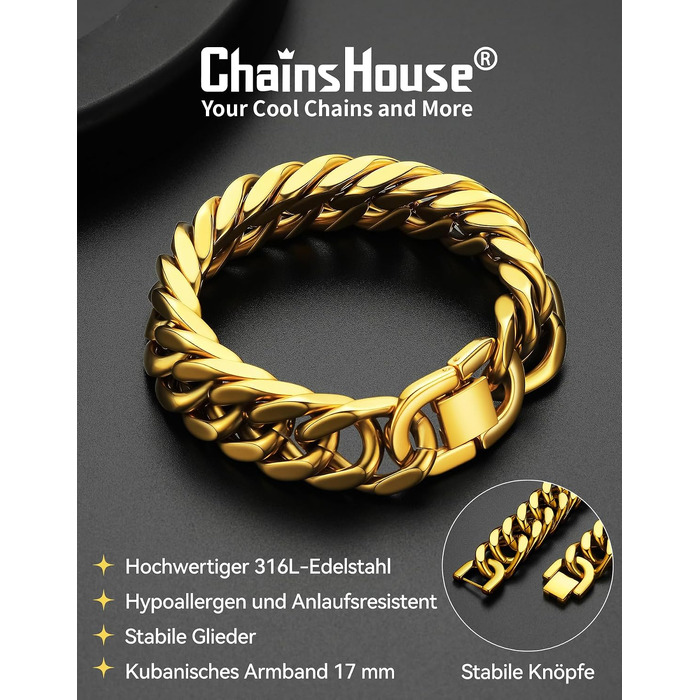 Чоловічий сталевий браслет ChainsHouse Panzer (ланцюг) золотого кольору, ширина 17мм, довжина 19см — стильна прикраса в стилі хіп-хоп з подарунковою коробкою