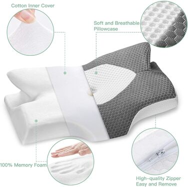 Ортопедична подушка Elviros з memory foam для тих, хто спить на боці, з підтримкою шиї, проти болю в шиї та плечах, 64 x 12,5/10,5 x 38 см, темно-сіра