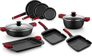 Гриль BRA Premiere смугастий 22 см, алюмінієвий литий, тришаровий з антипригарним покриттям без PFOA, для всіх плит (індукція), червоний